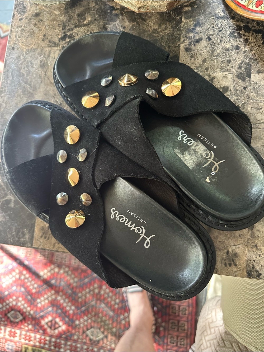 Homers Black Suede Slide Sandals with Gold Tone Studs